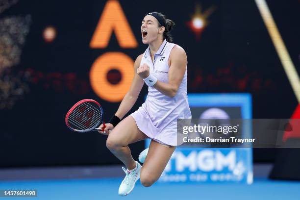 Caroline Garcia of France celebrates winning match point in their round two singles match against Leylah Fernandez of Canada during day four of the...