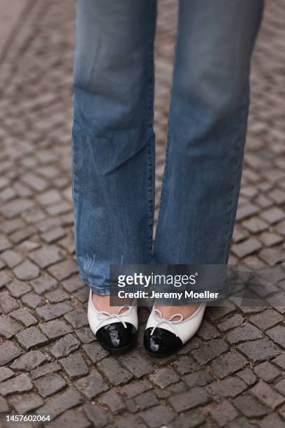 Yasmin von Schlieffen-Nannen seen wearing Chanel black and white ballerina, Nili Lotan wide leg blue denim and Dester during the Berlin Fashion Week...