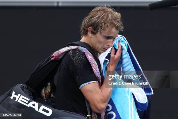 Alexander Zverev of Germany reacts after losing their round two singles match against Michael Mmoh of the United States during day four of the 2023...