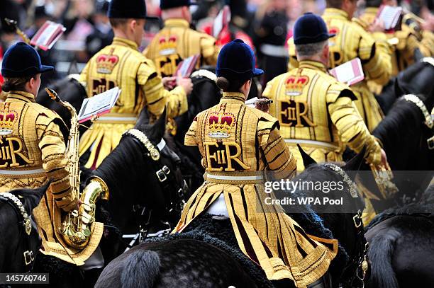 Britain's Household Cavalry Mounted band join the carriage procession from Westminster Hall to Buckingham Palace on June 5, 2012 in London, England....