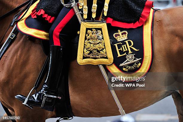 Britain's Household Cavalry Mounted band join the carriage procession from Westminster Hall to Buckingham Palace on June 5, 2012 in London, England....