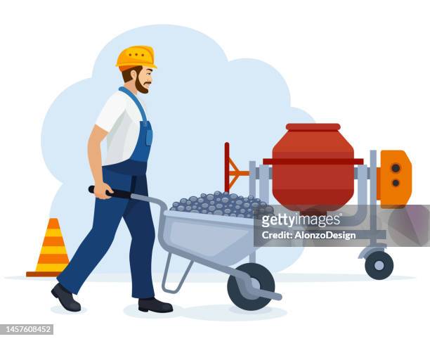 stockillustraties, clipart, cartoons en iconen met construction worker works at a construction site. worker pushing wheelbarrow. construction tools and materials. - cement