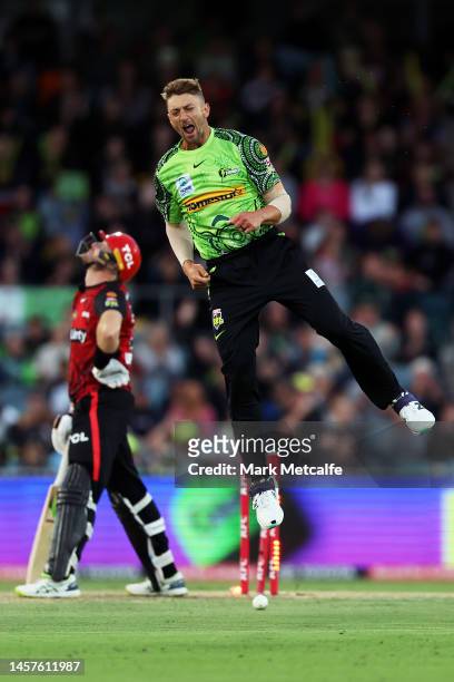Daniel Sams of the Thunder celebrates taking the wicket of Martin Guptill of the Renegades during the Men's Big Bash League match between the Sydney...