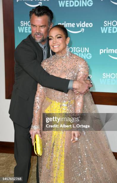 Josh Duhamel and Jennifer Lopez attend the Los Angeles Premiere Of Prime Video's "Shotgun Wedding" held at TCL Chinese Theatre on January 18, 2023 in...