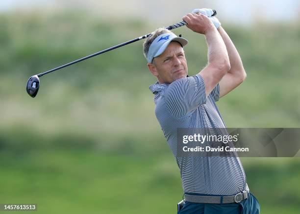 Luke Donald of England plays his second shot on the second hole during the first round on day one of the Abu Dhabi HSBC Championship at Yas Links...