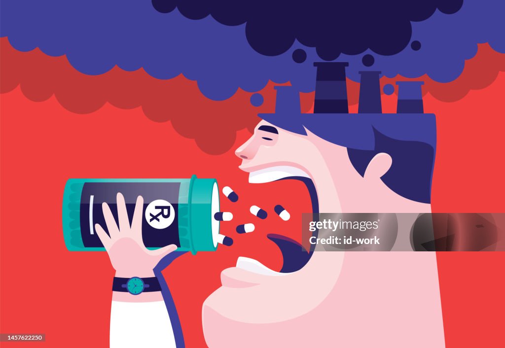 Man taking pills with smoking chimneys on head