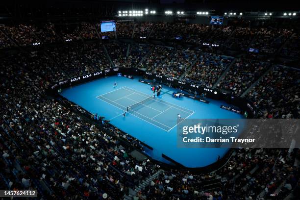 General view of the round two singles match between Enzo Couacauo of France and Novak Djokovic of Serbia on Rod Laver Arena during day four of the...