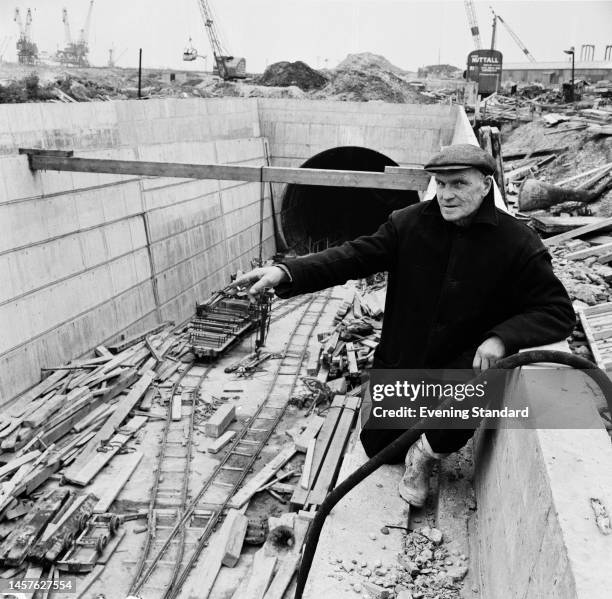 Construction worker at the Dartford tunnel being built under the River Thames on October 13th, 1960. The tunnel will link Dartford in Kent with...