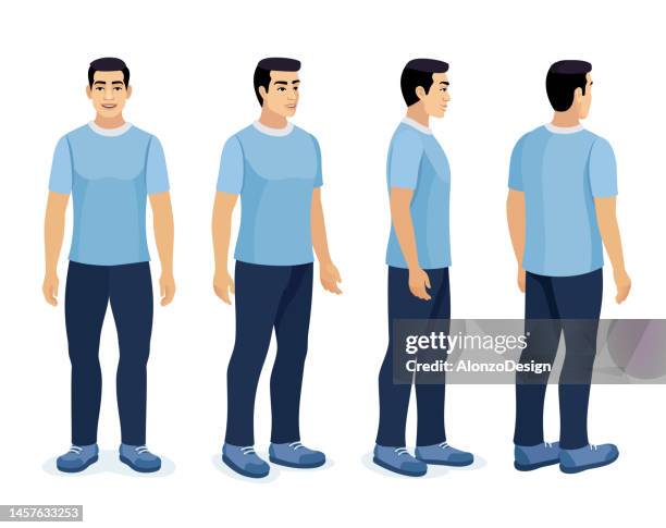 ilustraciones, imágenes clip art, dibujos animados e iconos de stock de joven con ropa deportiva casual. conjunto de diferentes poses de diseño. - estar de pie