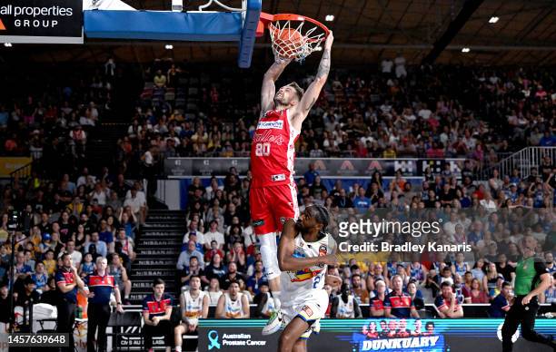Nathan Sobey of the Bullets slam dunks during the round 16 NBL match between Brisbane Bullets and Adelaide 36ers at Nissan Arena, on January 19 in...