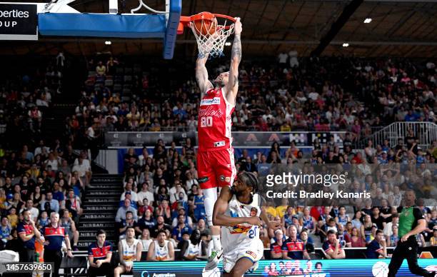 Nathan Sobey of the Bullets slam dunks during the round 16 NBL match between Brisbane Bullets and Adelaide 36ers at Nissan Arena, on January 19 in...