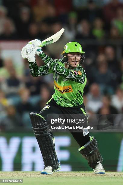 Matthew Gilkes of the Thunder bats during the Men's Big Bash League match between the Sydney Thunder and the Melbourne Renegades at Manuka Oval, on...