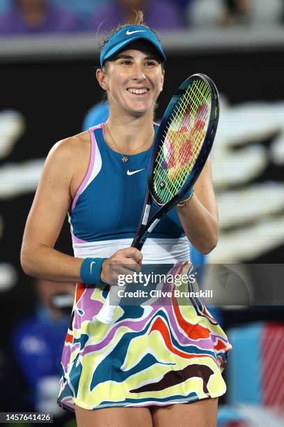 Belinda Bencic of Switzerland celebrates after winning in their round two singles match against Claire Liu of the United States during day four of...