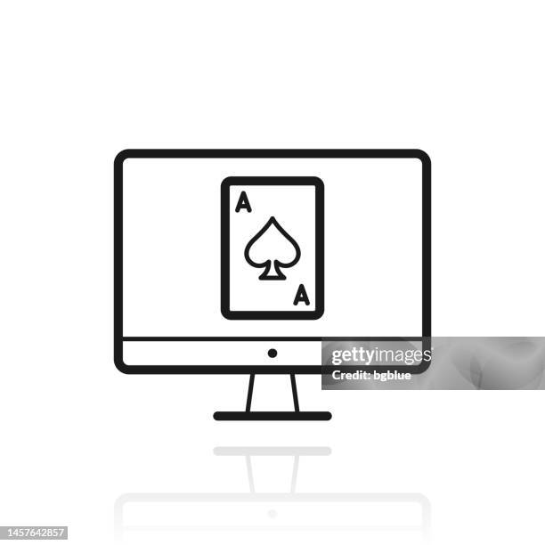 desktop computer with playing card. icon with reflection on white background - magic trick stock illustrations