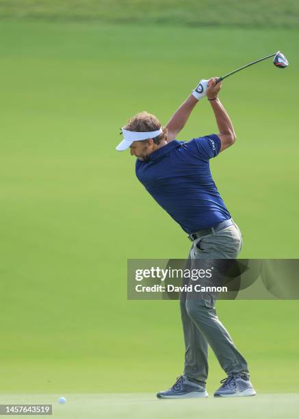 Joost Luiten of The Netherlands plays his second shot on the second hole during the first round on day one of the Abu Dhabi HSBC Championship at Yas...