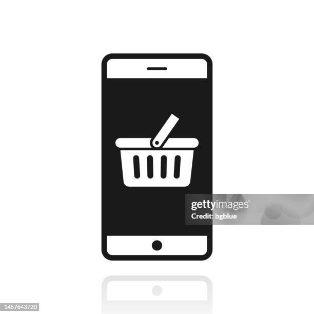 smartphone with shopping basket. icon with reflection on white background - checkout screen stock illustrations
