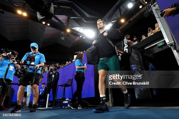 Andy Murray of Great Britain walks onto the court in their round two singles match against Thanasi Kokkinakis of Australia during day four of the...