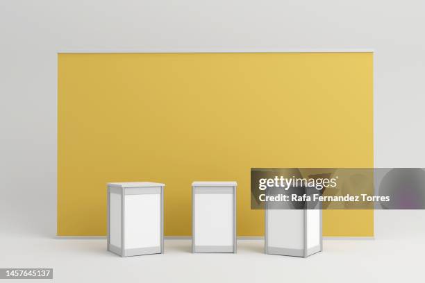 promotion counter, retail trade stand isolated on the white background.3d render - booth stock-fotos und bilder