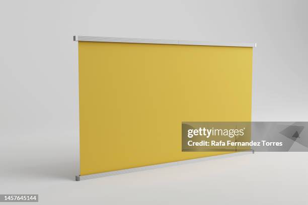 roll up banner, horizontal stand, for exhibition and business presentations. 3d render - espositore per negozio foto e immagini stock