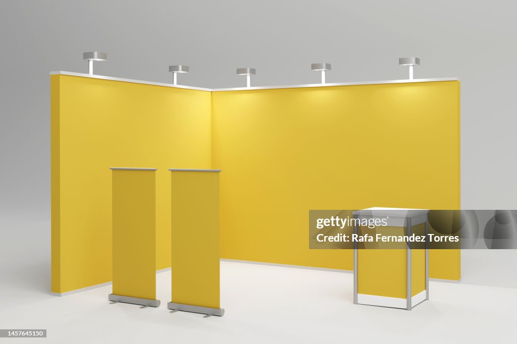 Standard exhibition stand with spotlights with yellow blank panels, advertising stand. 3d render