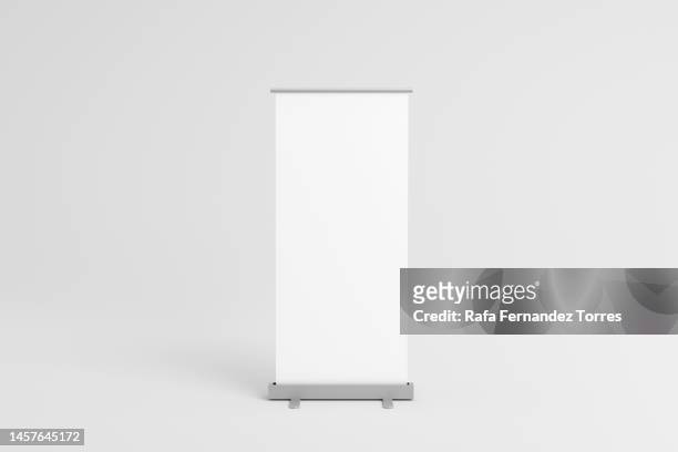 rollup and standee banner display mock up template for your design presentation. 3d illustration. - exhibition booth stock pictures, royalty-free photos & images