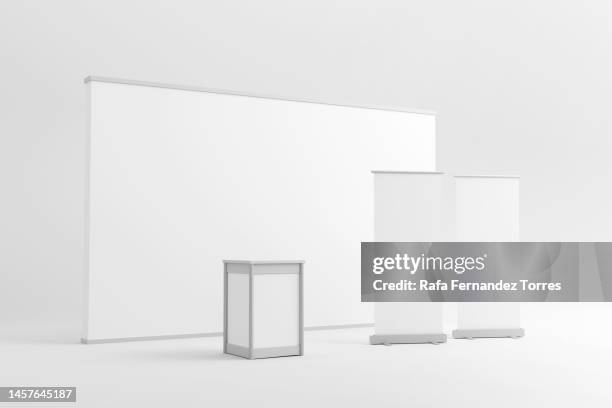 realistic blank modern simple rack or counters multiple camera angles, 3d render - exhibition booth stock pictures, royalty-free photos & images