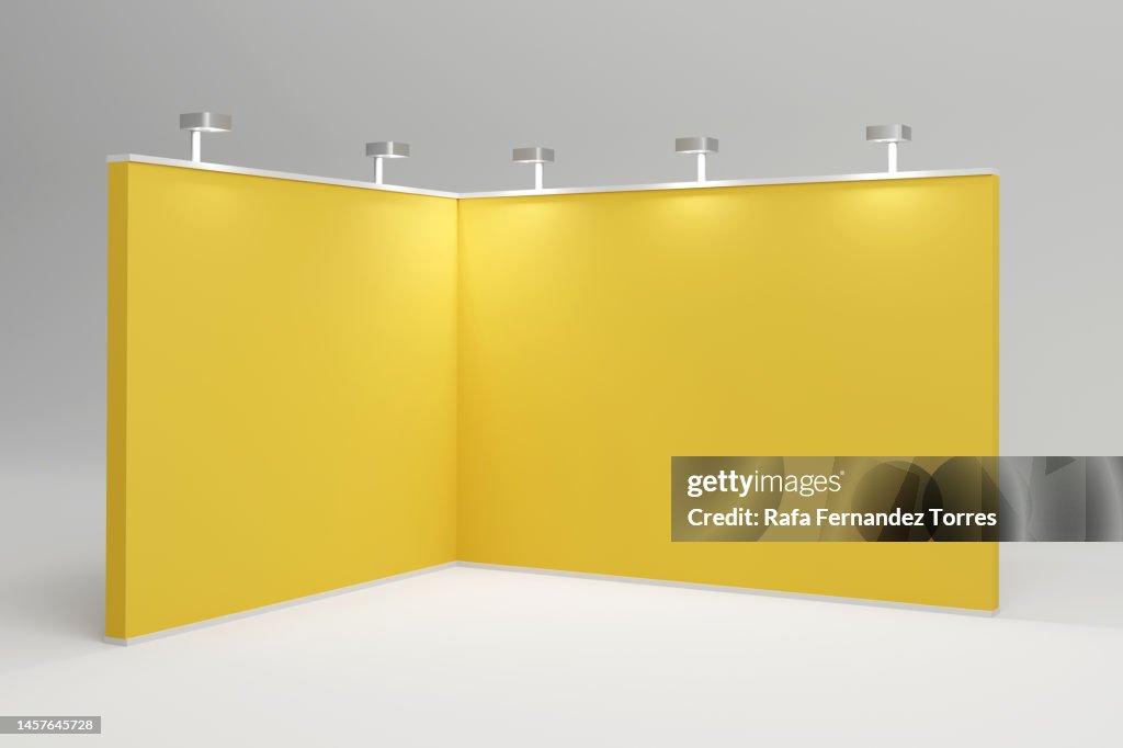 Empty exhibition stand hall with white walls. Trading room, presentation conference hall. 3d render