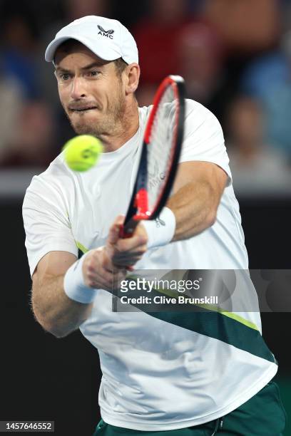 Andy Murray of Great Britain plays a backhand in their round two singles match against Thanasi Kokkinakis of Australia during day four of the 2023...