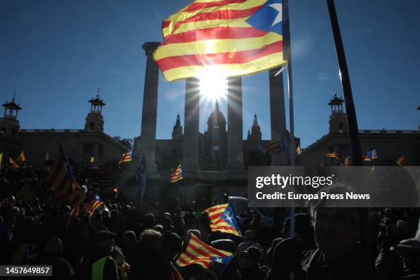 Several people with Estelada flags take part in the demonstration 'Aqui no s'ha acabat res' against the Spanish-French Summit, on 19 January, 2023 in...