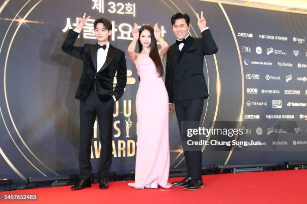 Singer Choi Min-ho, Lee Mi-joo and announcer Kim Il-joong attend the 32nd Seoul Music Awards at KSPO Dome on January 19, 2023 in Seoul, South Korea.