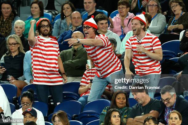 Fans in the crowd dressed up in 'Where's Wally?' costumes are seen during the round two singles match between Novak Djokovic of Serbia and Enzo...