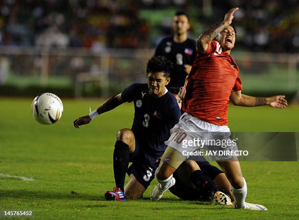 Philippine midfielder Jason Sabio fights for the ball with Indonesian forward Irfan Bachdim during a friendly football match at the Rizal memorial...