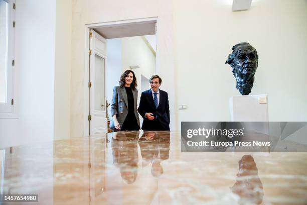 The president of the Community of Madrid, Isabel Diaz Ayuso, and the mayor of Madrid, Jose Luis Martinez-Almeida, on their arrival at the meeting to...