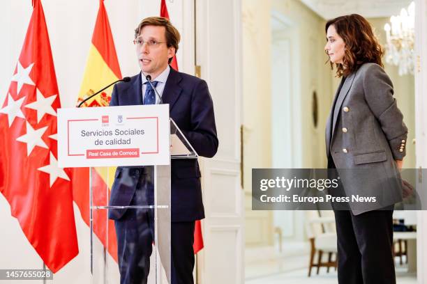 The mayor of Madrid, Jose Luis Martinez-Almeida, speaks during his meeting with the president of the Community of Madrid, Isabel Diaz Ayuso, to sign...