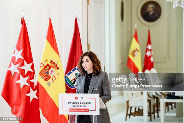 The president of the Community of Madrid, Isabel Diaz Ayuso, speaks during her meeting with the mayor of Madrid, Jose Luis Martinez-Almeida, to sign...