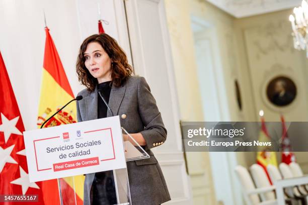 The president of the Community of Madrid, Isabel Diaz Ayuso, speaks during her meeting with the mayor of Madrid, Jose Luis Martinez-Almeida, to sign...