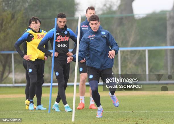 Giovanni Di Lorenzo of Napoli in action during a SSC Napoli training session on January 19, 2023 in Naples, Italy.