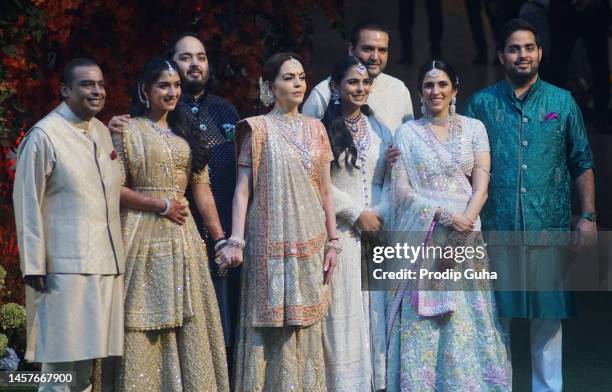 Mukeah Ambani, Nita Ambani, Isha Ambani, Anand Piramal, Shloka Mehta and Akash Ambani attend the Anant Ambani and Radhika Merchant's engagement...