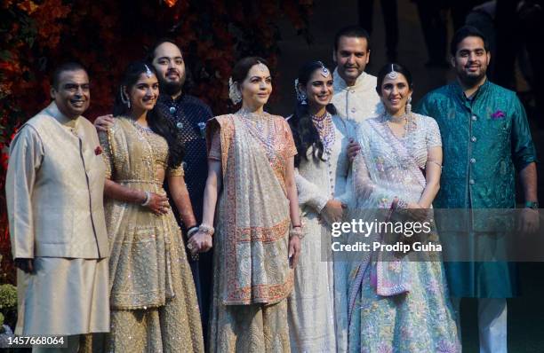 Mukeah Ambani, Nita Ambani, Isha Ambani, Anand Piramal, Shloka Mehta and Akash Ambani attend the Anant Ambani and Radhika Merchant's engagement...