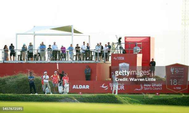 Nicolas Colsaerts of Belgium tees off on the eighteenth hole during day one of the Abu Dhabi HSBC Championship at Yas Links Golf Course on January...