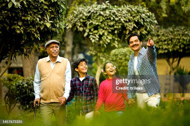 famiglia felice multi-generazione che cammina al parco - nonni bastone foto e immagini stock