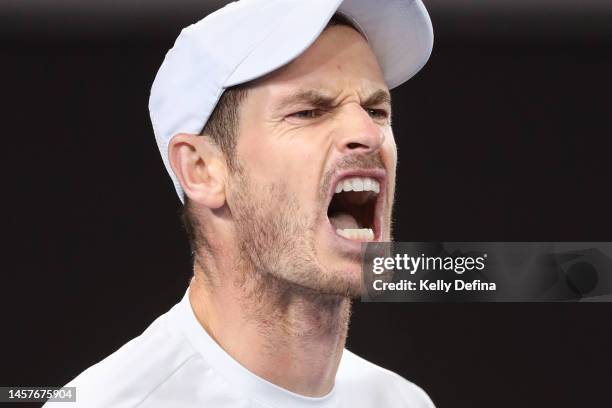 Andy Murray of Great Britain reacts in their round two singles match against Thanasi Kokkinakis of Australia during day four of the 2023 Australian...