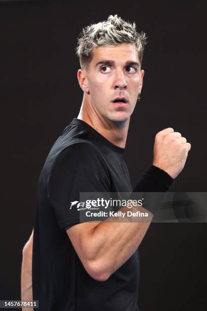 Thanasi Kokkinakis of Australia reacts in their round two singles match against Andy Murray of Great Britain during day four of the 2023 Australian...