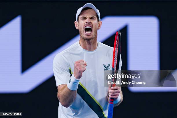 Andy Murray of Great Britain celebrates winning a point in the round two singles match against Thanasi Kokkinakis of Australia during day four of the...