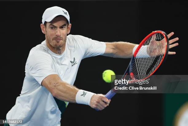 Andy Murray of Great Britain plays a backhand in their round two singles match against Thanasi Kokkinakis of Australia during day four of the 2023...