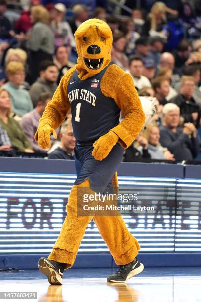 The Penn State Nittany Lions mascot on the floor before before a college basketball game against the Indiana Hoosiers at the Bryce Joyce Center on...