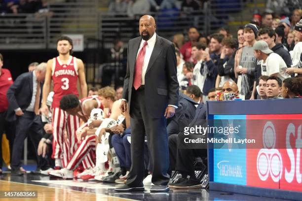 Head coach Mike Woodson of the Indiana Hoosiers looks on during a college basketball game against the Penn State Nittany Lions at the Bryce Joyce...