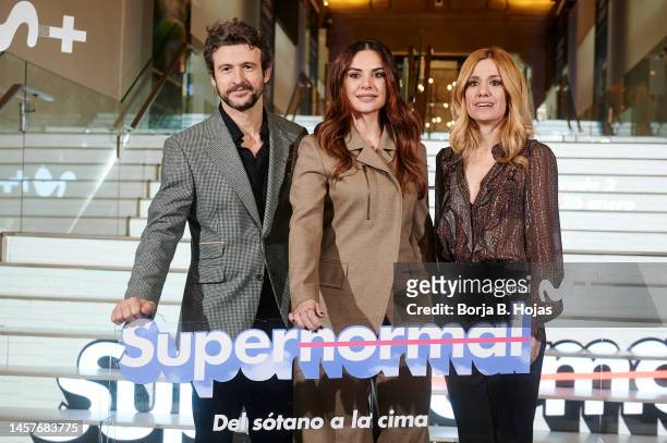 Diego Martin, Miren Ibarguren and Alexandra Jimenez attend to photocall of Movistar+ "Supernormal" Season 2 at Movistar Gran Vía on January 19, 2023...
