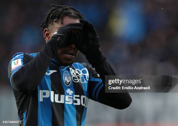 Ademola Lookman of Atalanta BC celebrates his second goal during the Coppa Italia match between Atalanta BC and Spezia Calcio at Gewiss Stadium on...