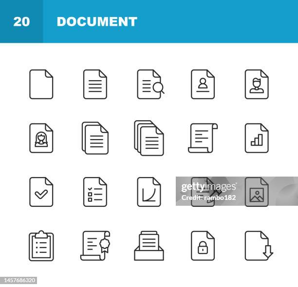 illustrazioni stock, clip art, cartoni animati e icone di tendenza di icone riga documento. tratto modificabile. pixel perfetto. per dispositivi mobili e web. contiene icone quali contratto, certificato, grafico, appunti, configurazione, dati, download, posta elettronica, file, immagine, legge, report, curriculum, ricerca, s - organizzatore elettronico